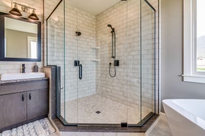 Contemporary Shower with Black Metal Fixtures